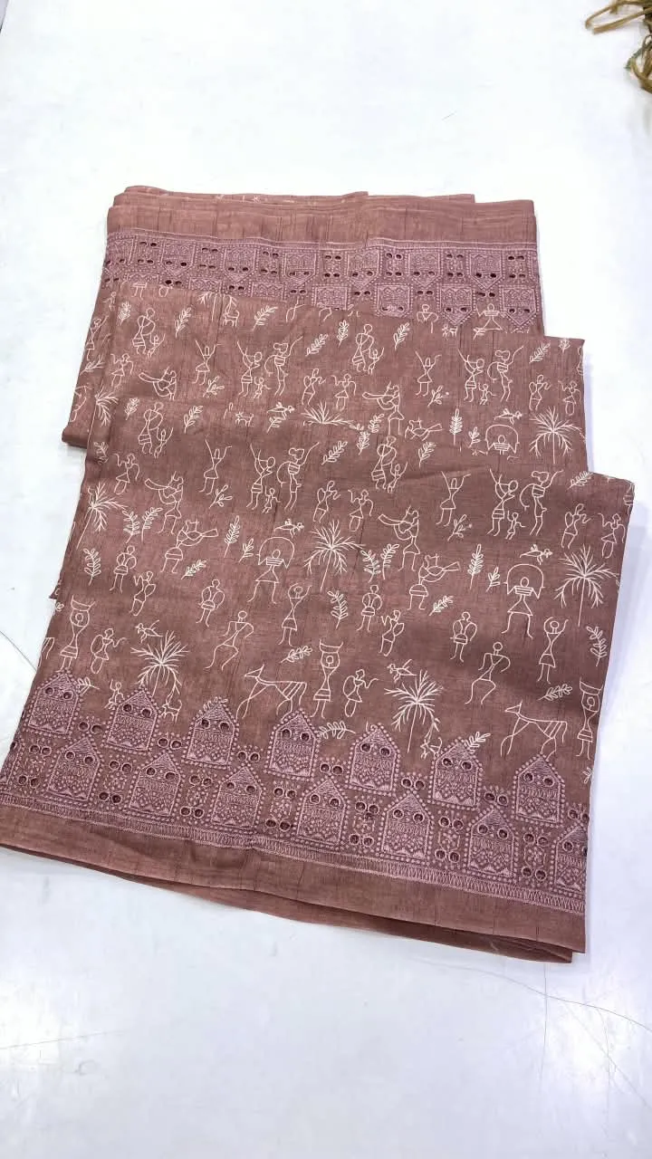 Tussar Silk Saree with Warli Art prints and embroidered cut work border. view 5