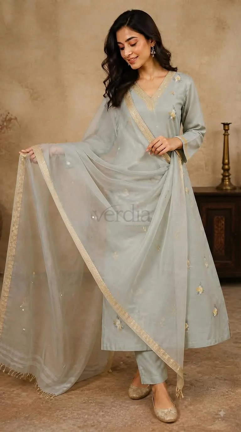 Premium Banarasi Mul Chanderi Kurta with Butties and Sequin Detailing view 3