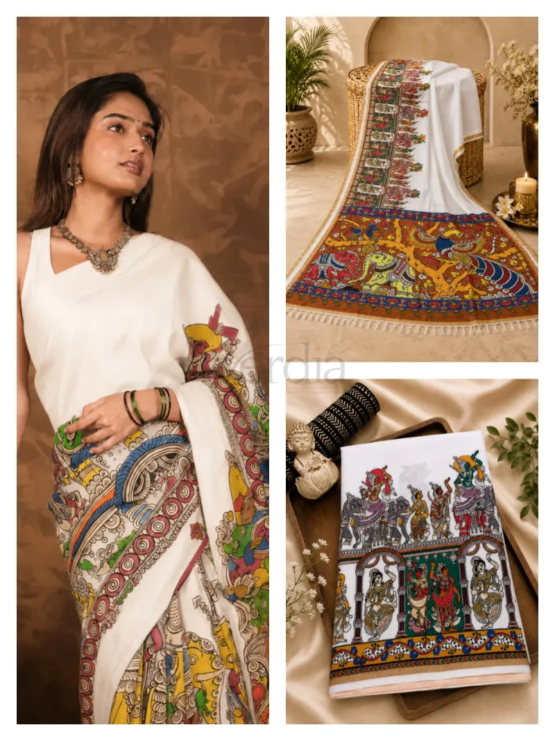 Mul Semi Silk Saree Featuring Kalamkari Print view 2