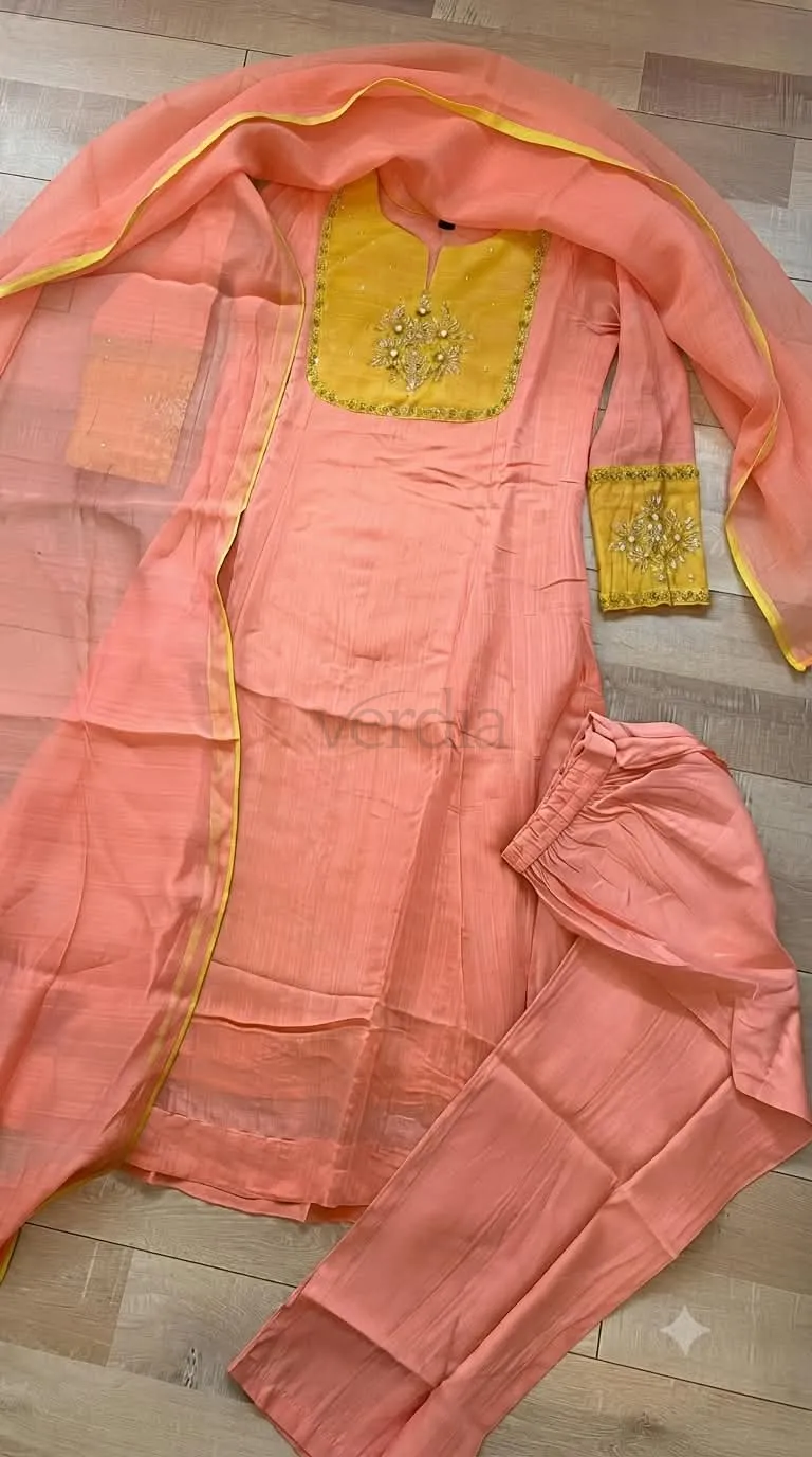 Mul Chanderi Dress Set With Hand Work view 11