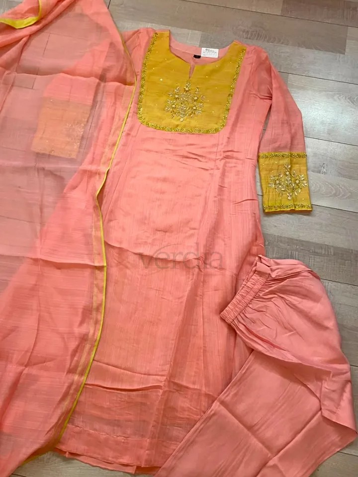 Mul Chanderi Dress Set With Hand Work view 3