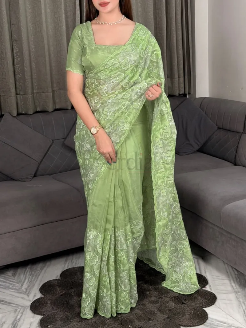 Silk Saree With Sequins And Thread Embroidered Blouse view 3