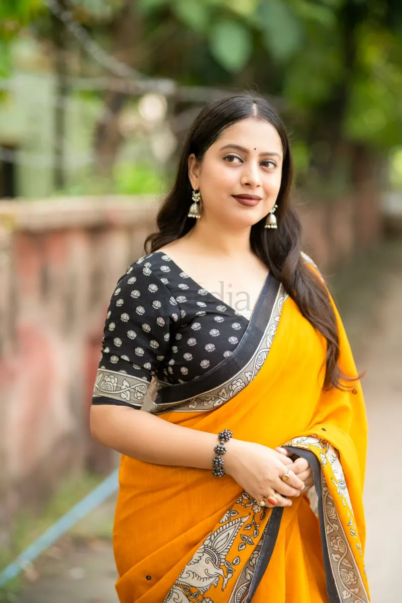 Soft Linen Printed Saree in Madhubani and Kalamkari Styles view 12