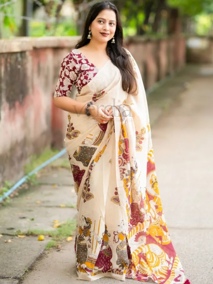 Soft Linen Printed Saree in Madhubani and Kalamkari Styles