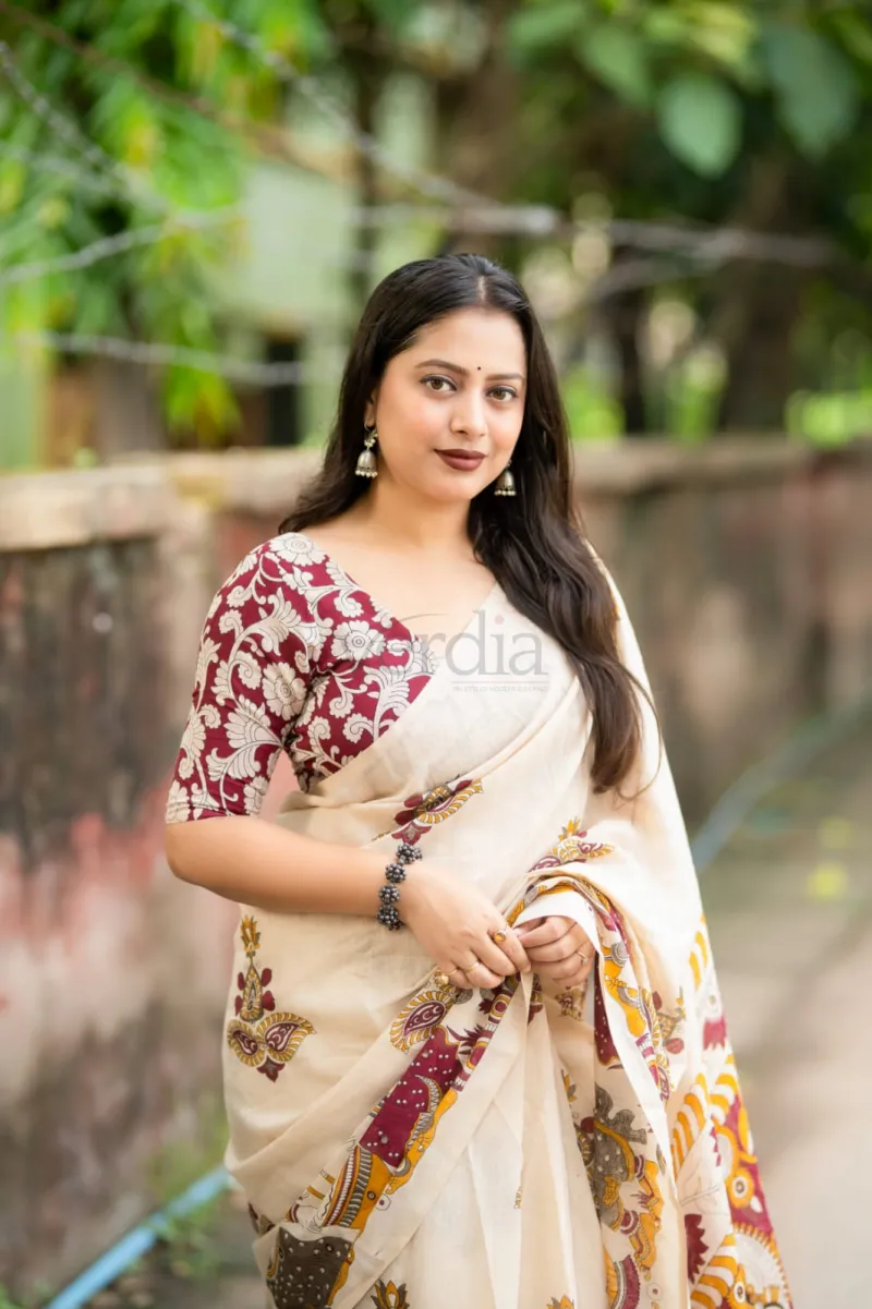 Soft Linen Printed Saree in Madhubani and Kalamkari Styles view 8