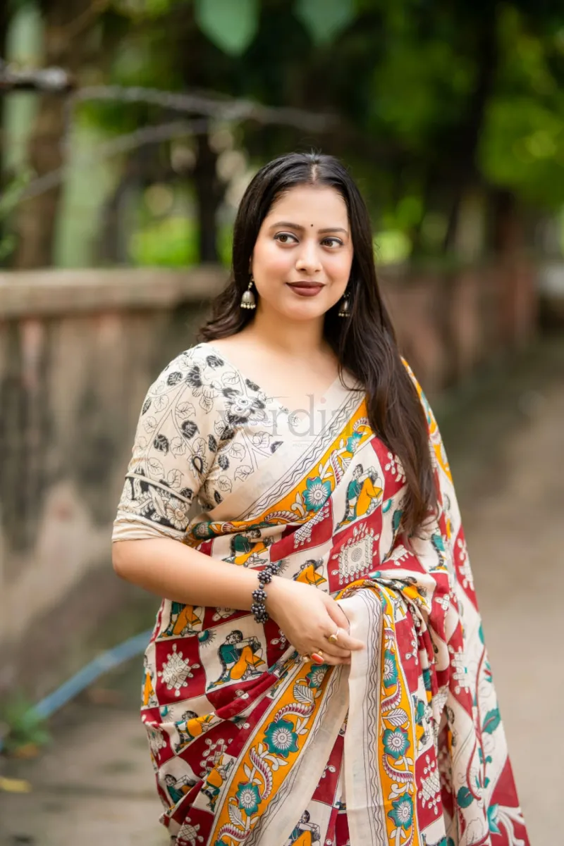 Soft Linen Printed Saree in Madhubani and Kalamkari Styles view 10
