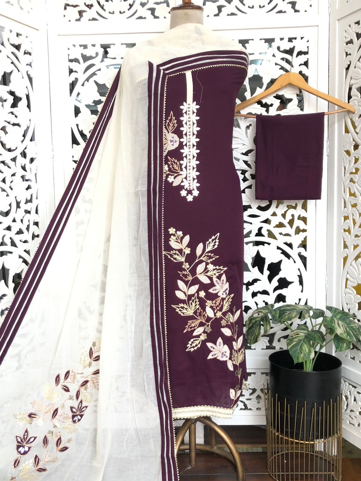 Unstitched Cotton Suit with Khadi Cotton Dupatta view 5