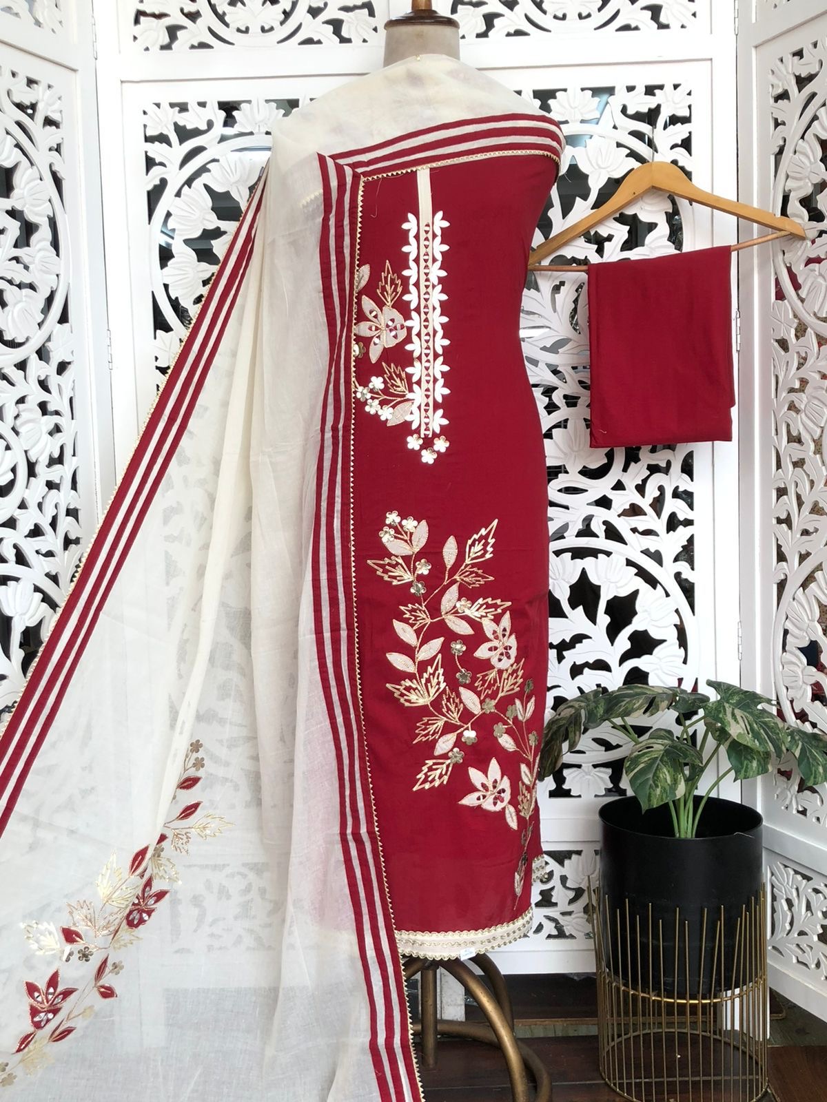 Unstitched Cotton Suit with Khadi Cotton Dupatta view 7