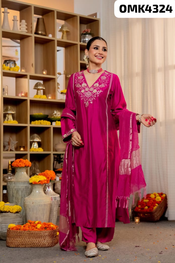 Pure Satori Silk Long Straight Kurti Set with Heavy Embroidery