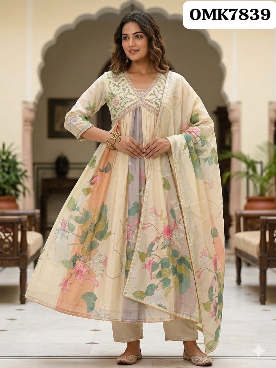 Three-Piece Floral Print Anarkali Kurti Set