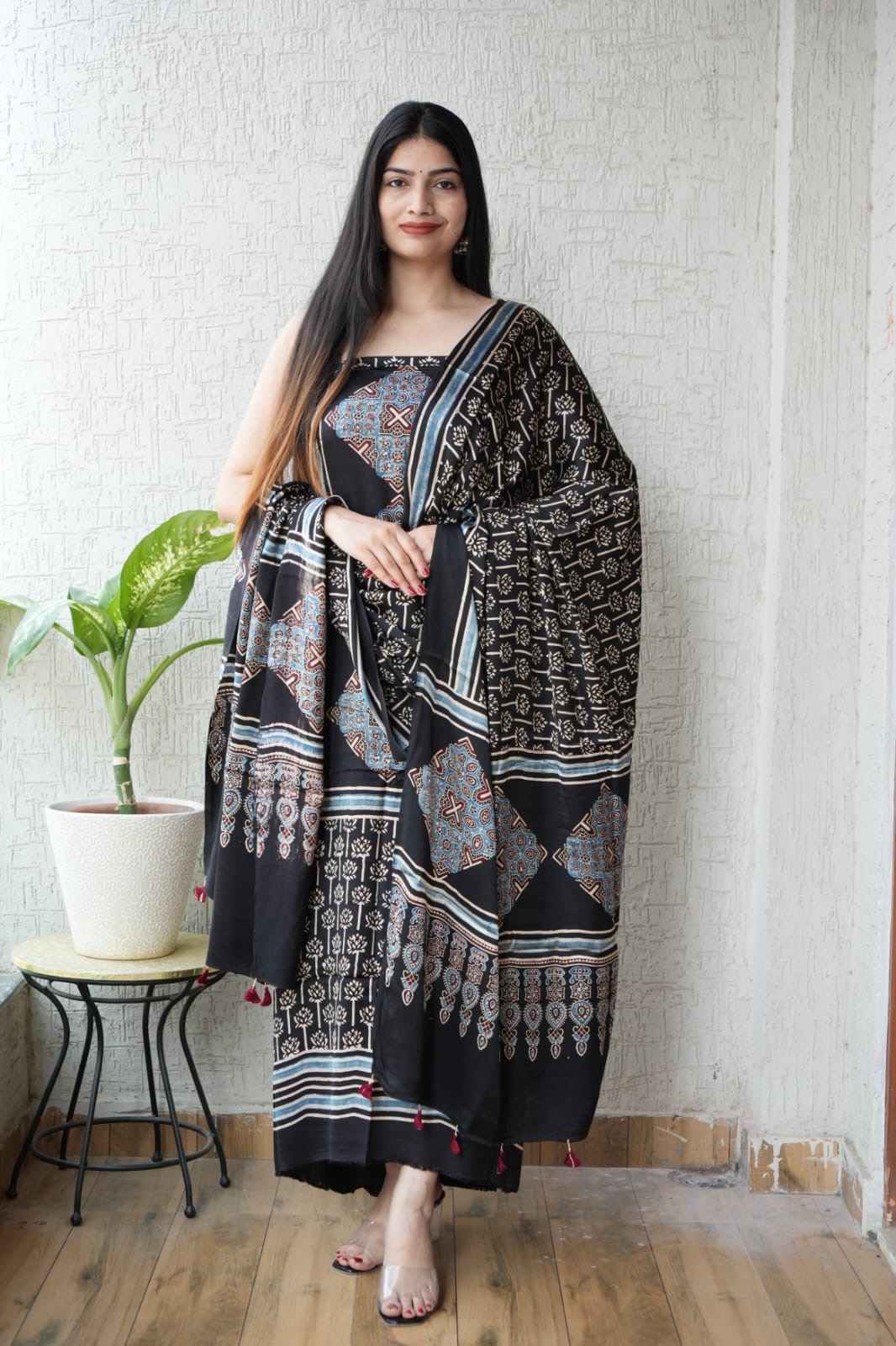 Ajrakh Modal Unstitched Suit Set view 9