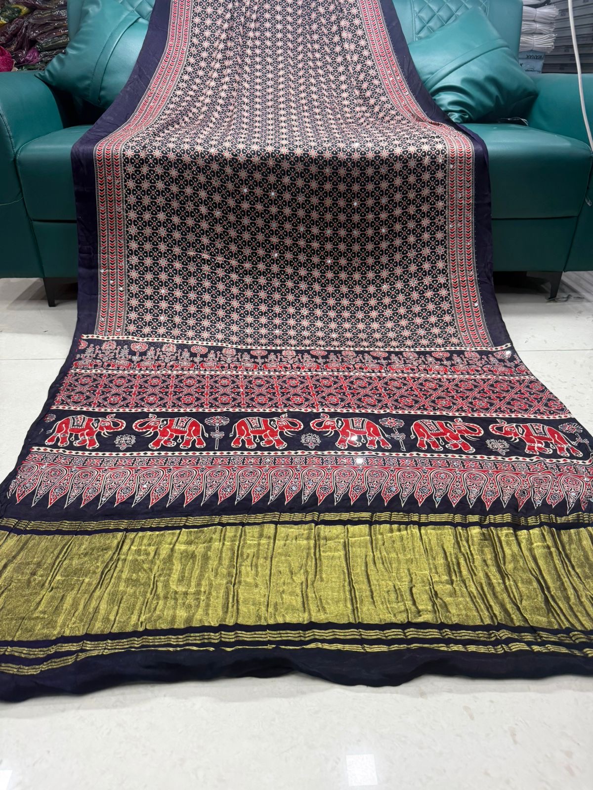 Ajrakh Saree in Gaji Silk with Bandhani and Gota Patti Hand Work view 3
