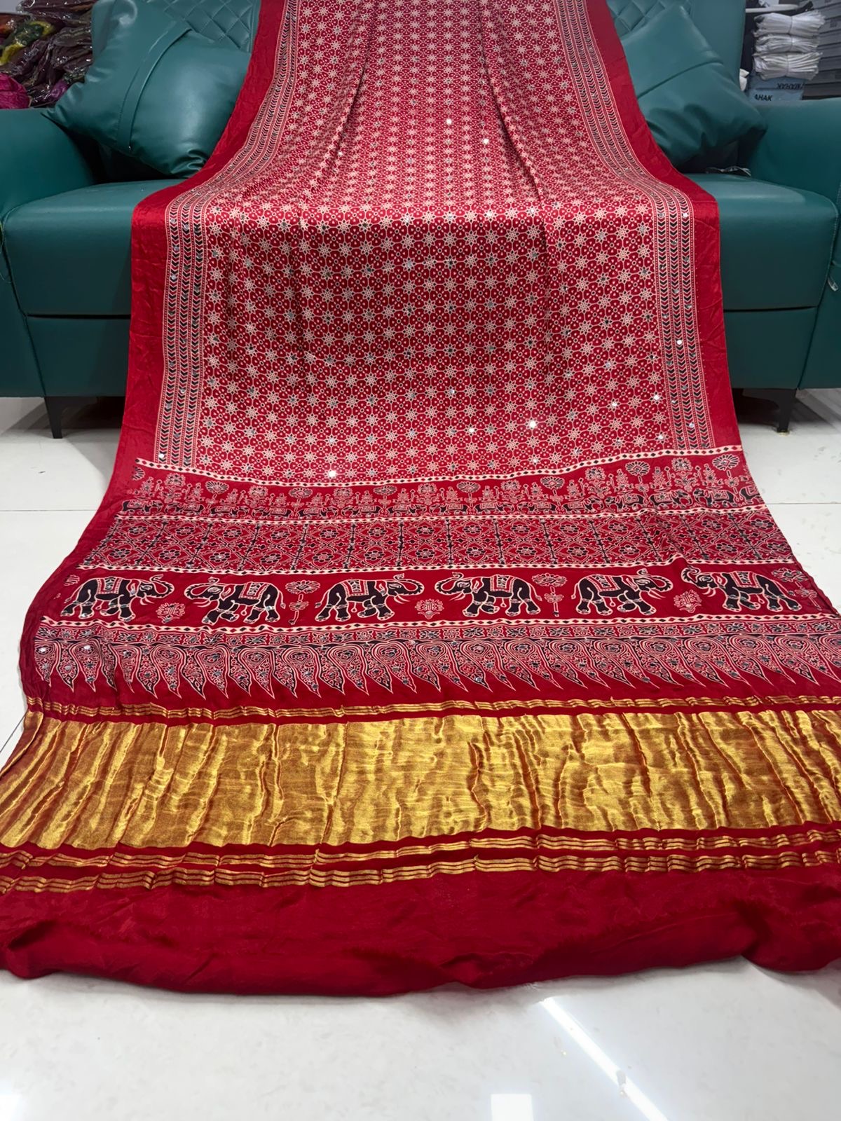 Ajrakh Saree in Gaji Silk with Bandhani and Gota Patti Hand Work view 4