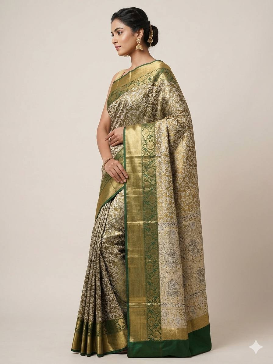 Pure Kanjivaram Silk Saree with Mina Weaving, Contrast Border, and Gold Zari Pallu view 4