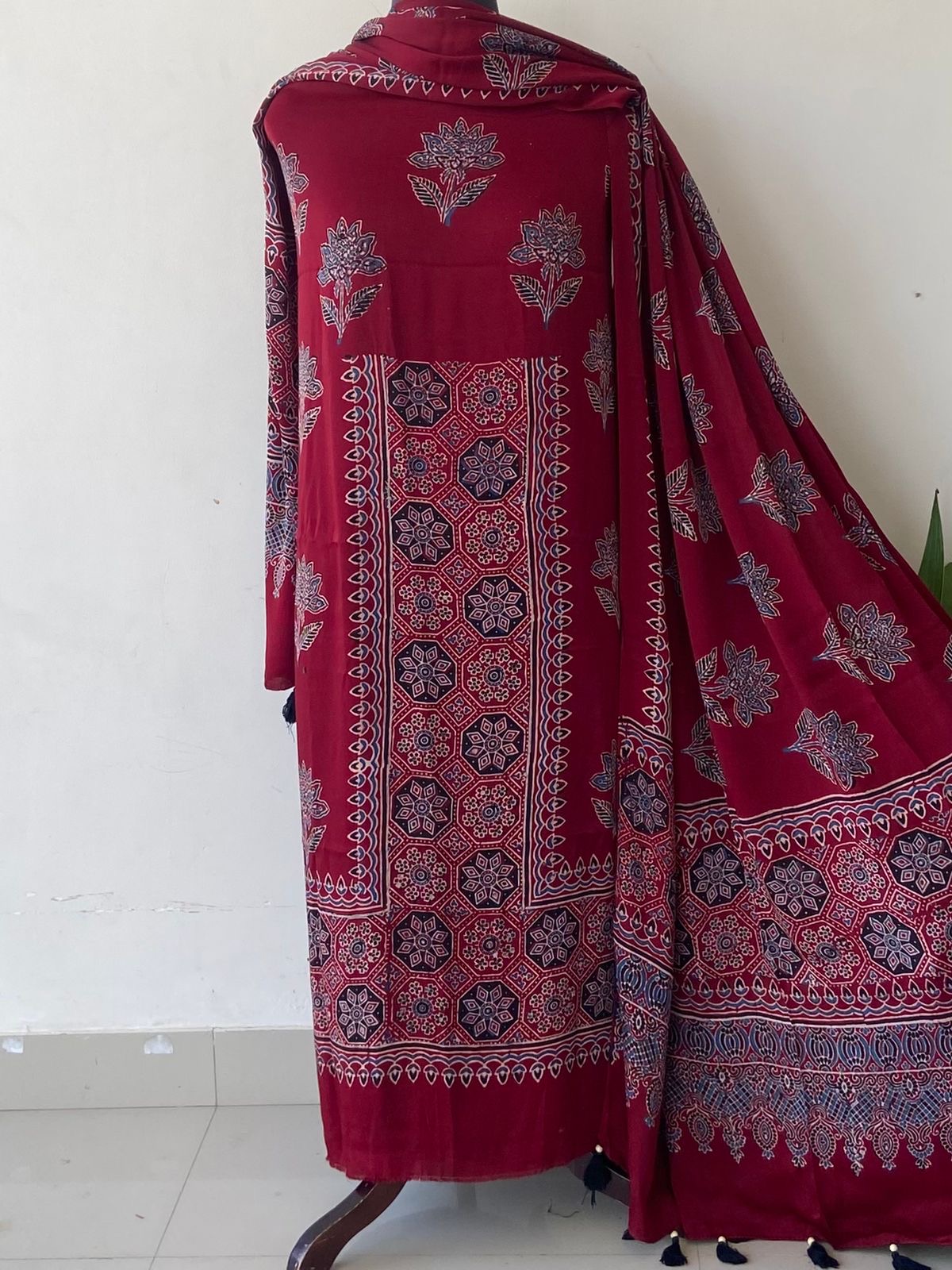 Unstitched Ajrakh Modal Satin Top and Dupatta Set view 13