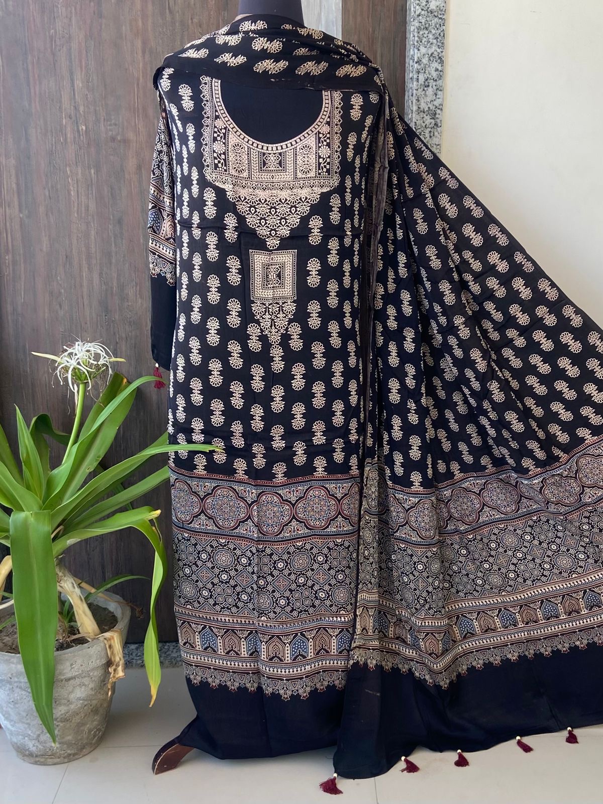 Unstitched Ajrakh Modal Satin Top and Dupatta Set view 14