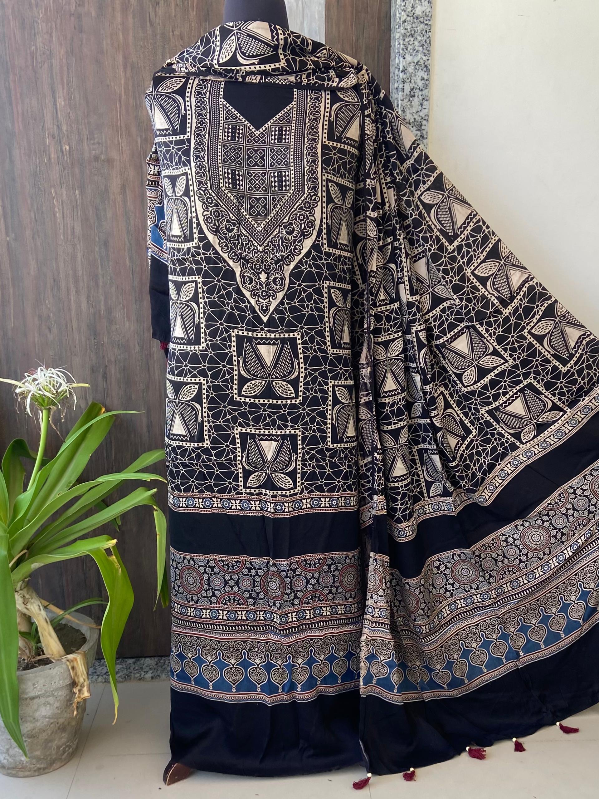 Unstitched Ajrakh Modal Satin Top and Dupatta Set view 18