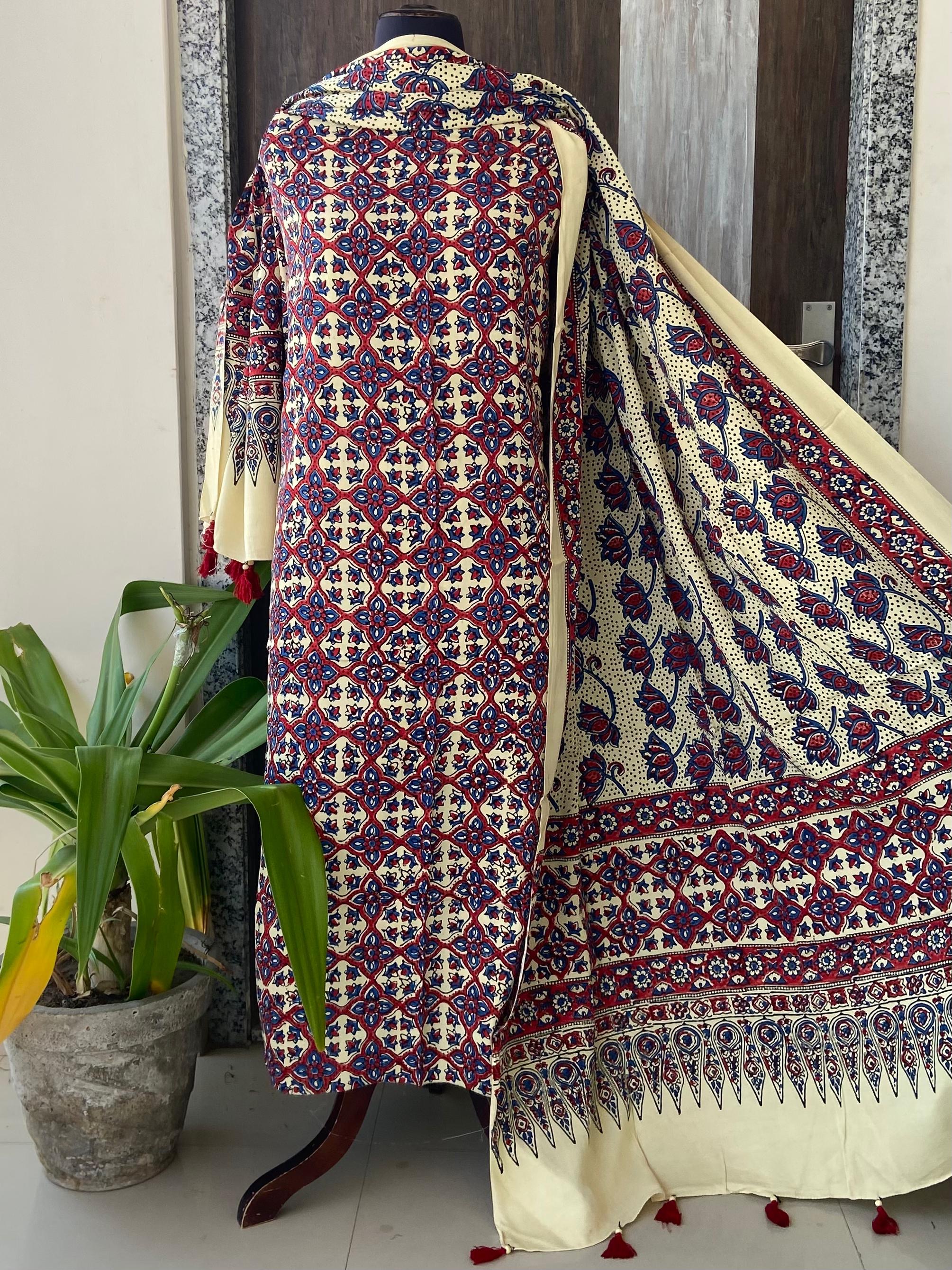 Unstitched Ajrakh Modal Satin Top and Dupatta Set view 21