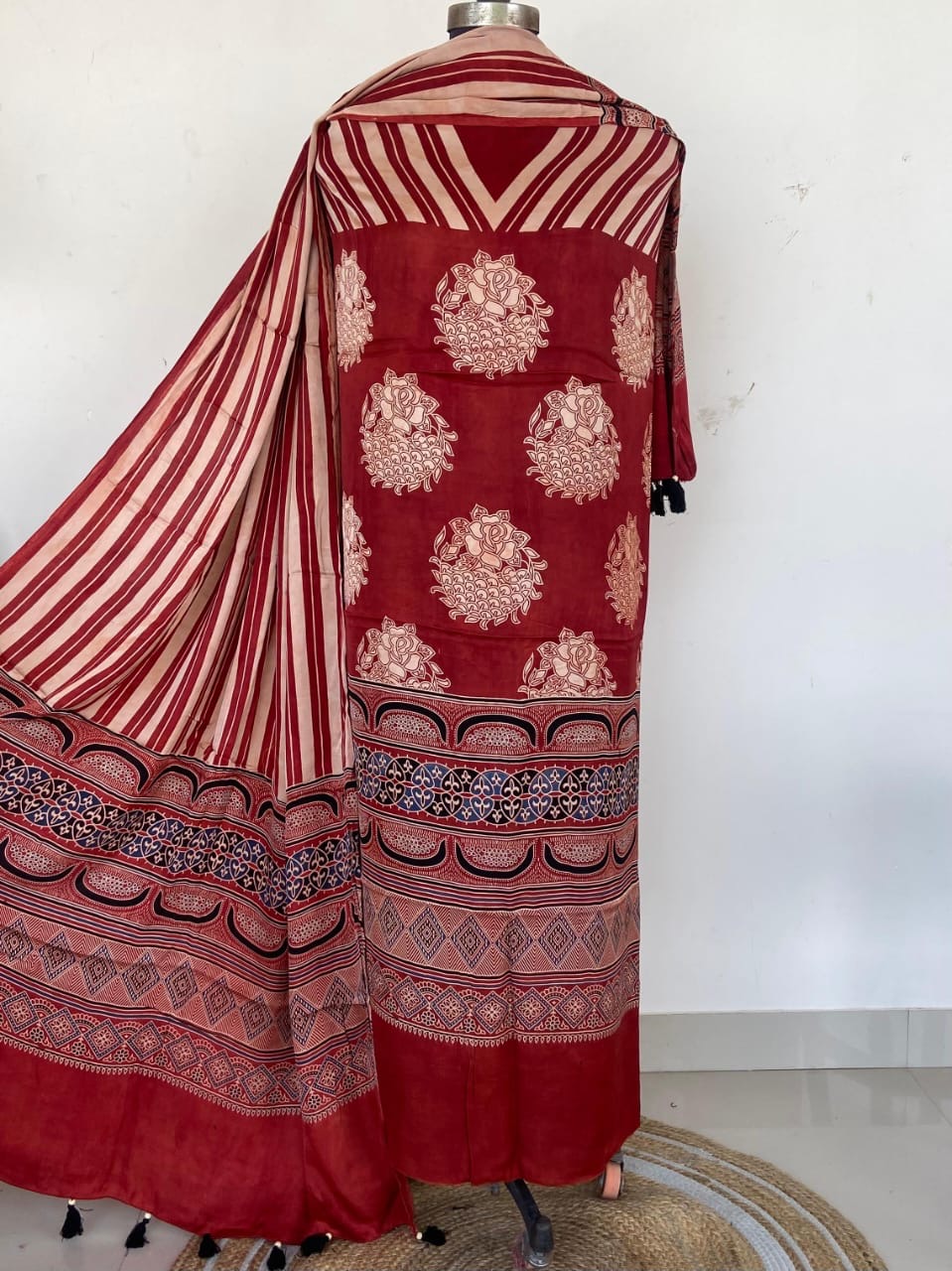 Unstitched Ajrakh Modal Satin Top and Dupatta Set view 3