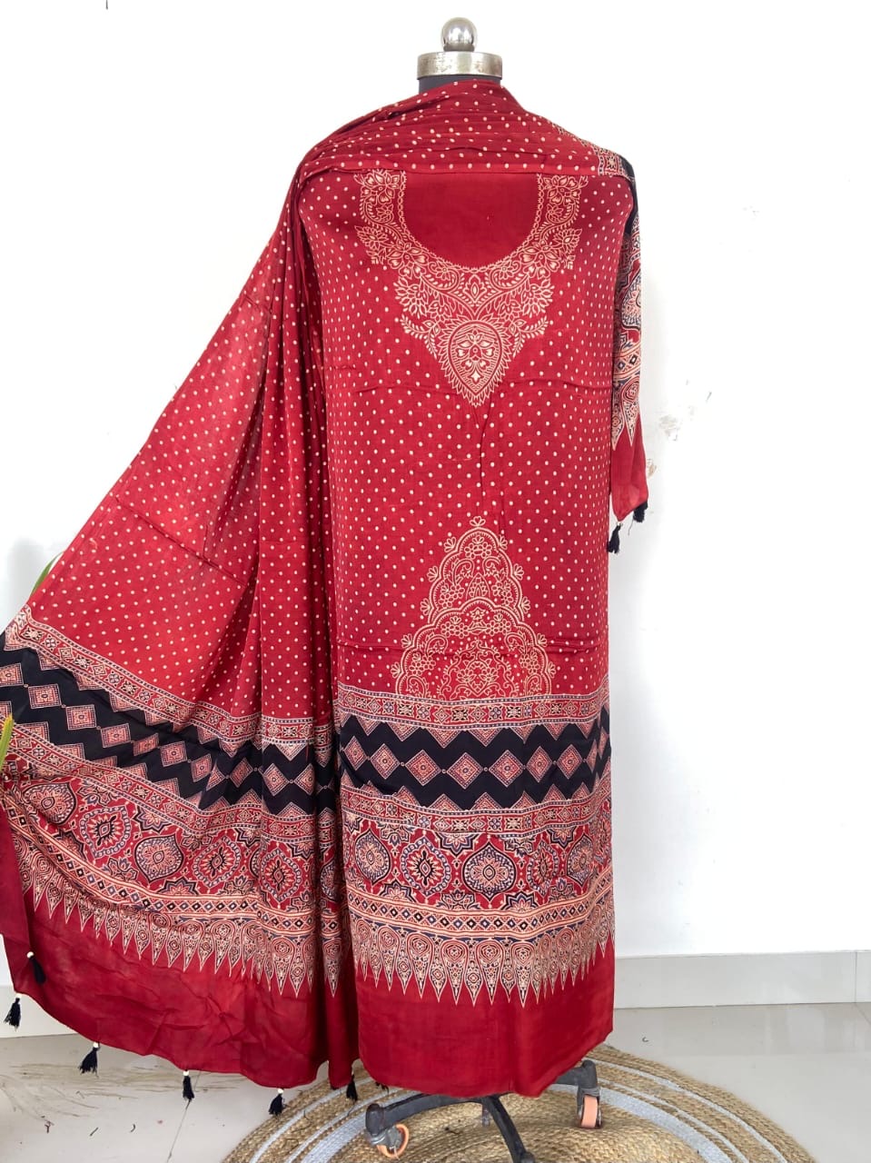 Unstitched Ajrakh Modal Satin Top and Dupatta Set view 4