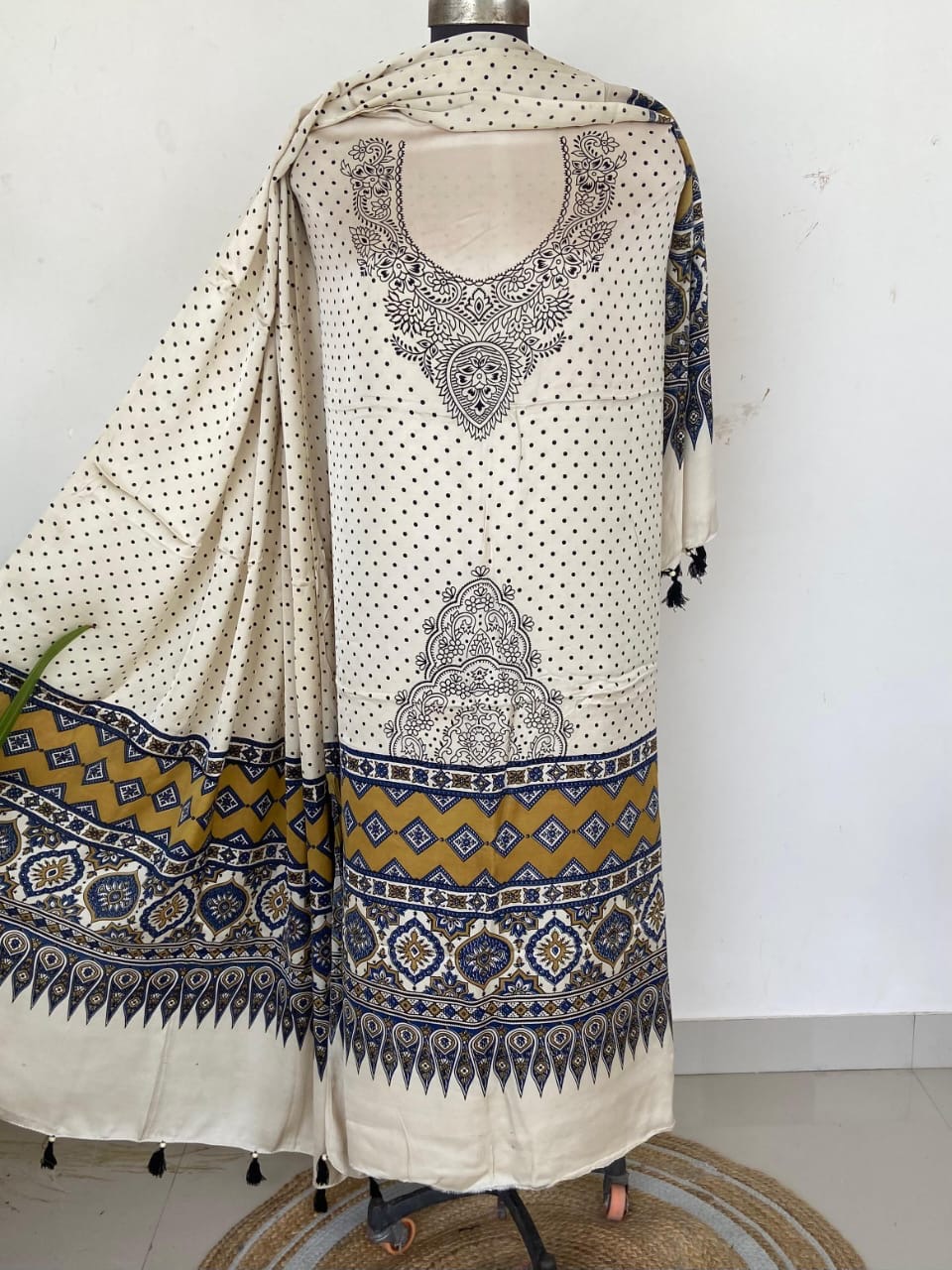 Unstitched Ajrakh Modal Satin Top and Dupatta Set view 5