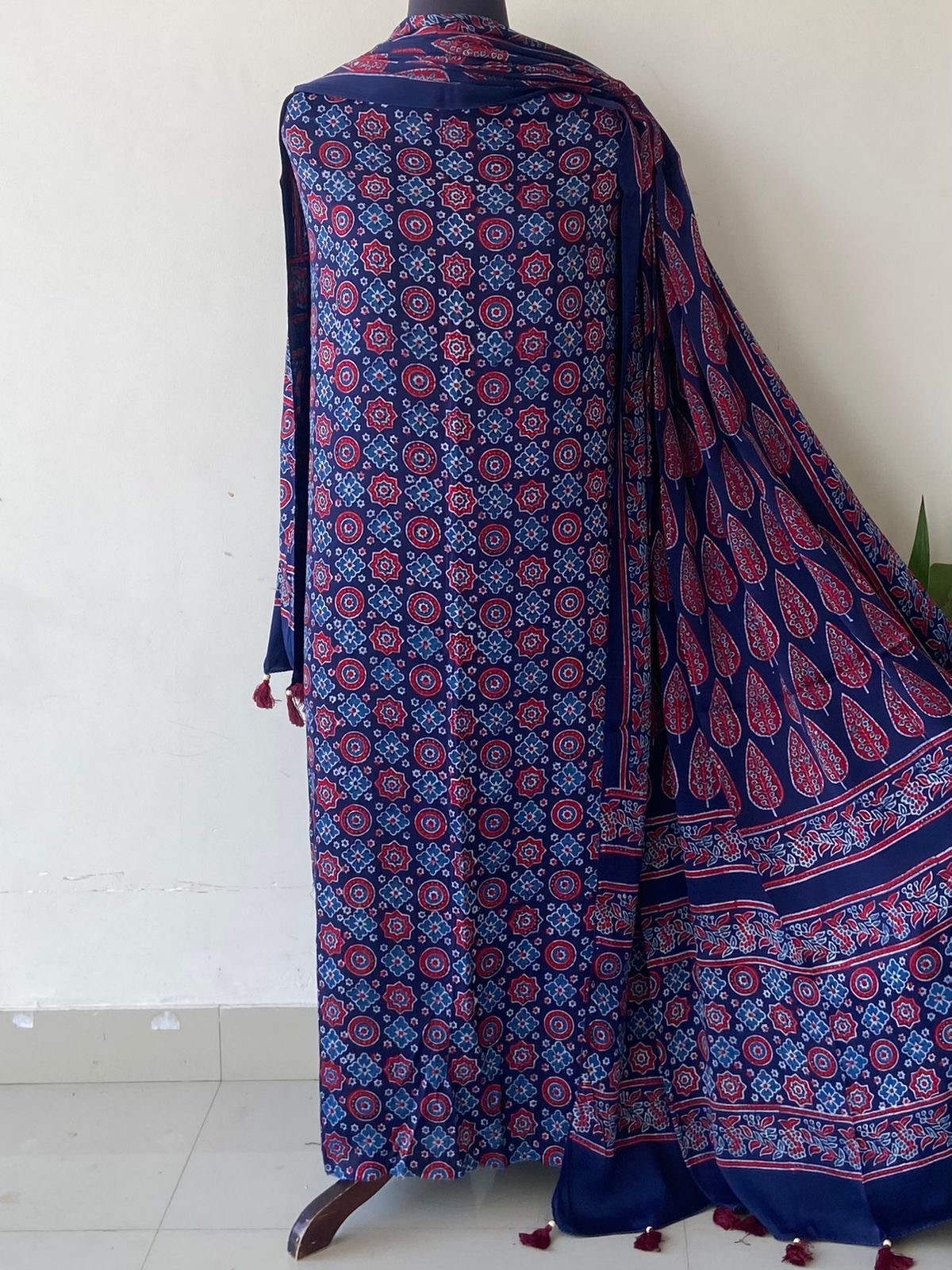 Unstitched Ajrakh Modal Satin Top and Dupatta Set view 10