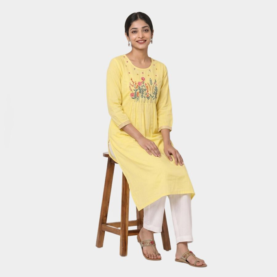 Yellow Cotton Round Neck Embroidered Kurta view 2