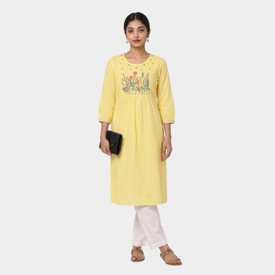 Yellow Cotton Round Neck Embroidered Kurta view 5