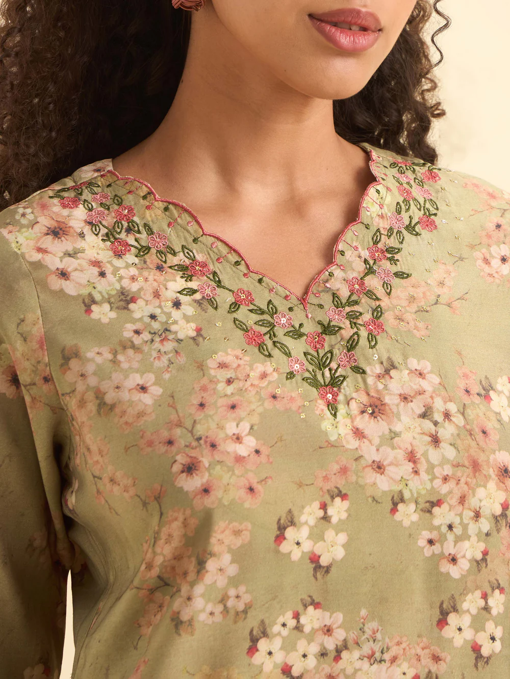 Olive Green Multi Colour Modal Chanderi Printed Slit Kurti With Embroidery Sequins Work view 3